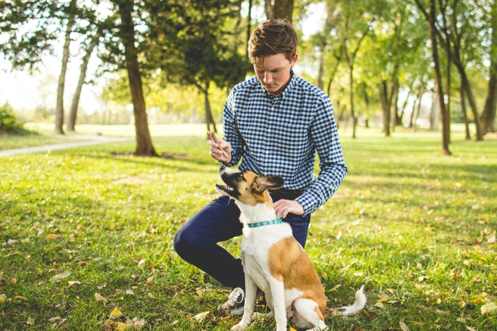 man holding a stick in front of a dog