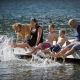 Dog and family on a dock with their feet splashing in the wat